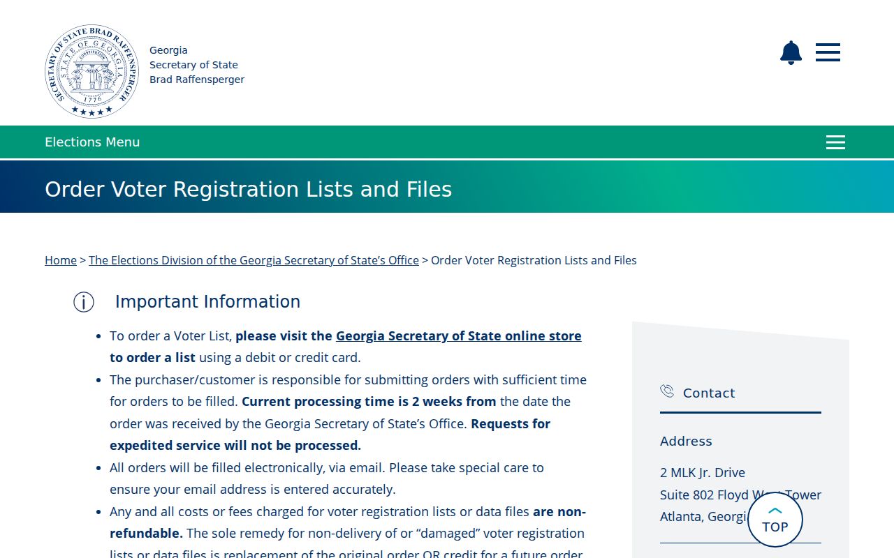 Henry County voter registration list ordering information